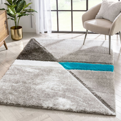 Mori Modern Abstract Geometric 3D Textured Shag Grey Blue Rug