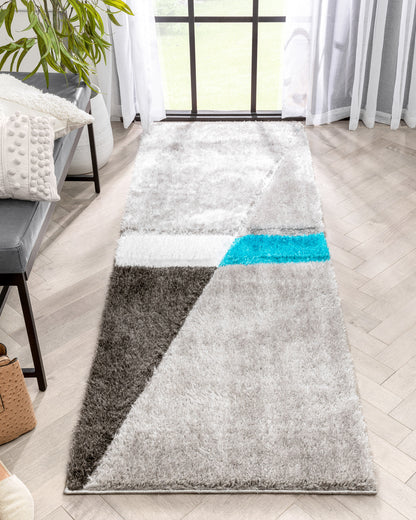 Mori Modern Abstract Geometric 3D Textured Shag Grey Blue Rug