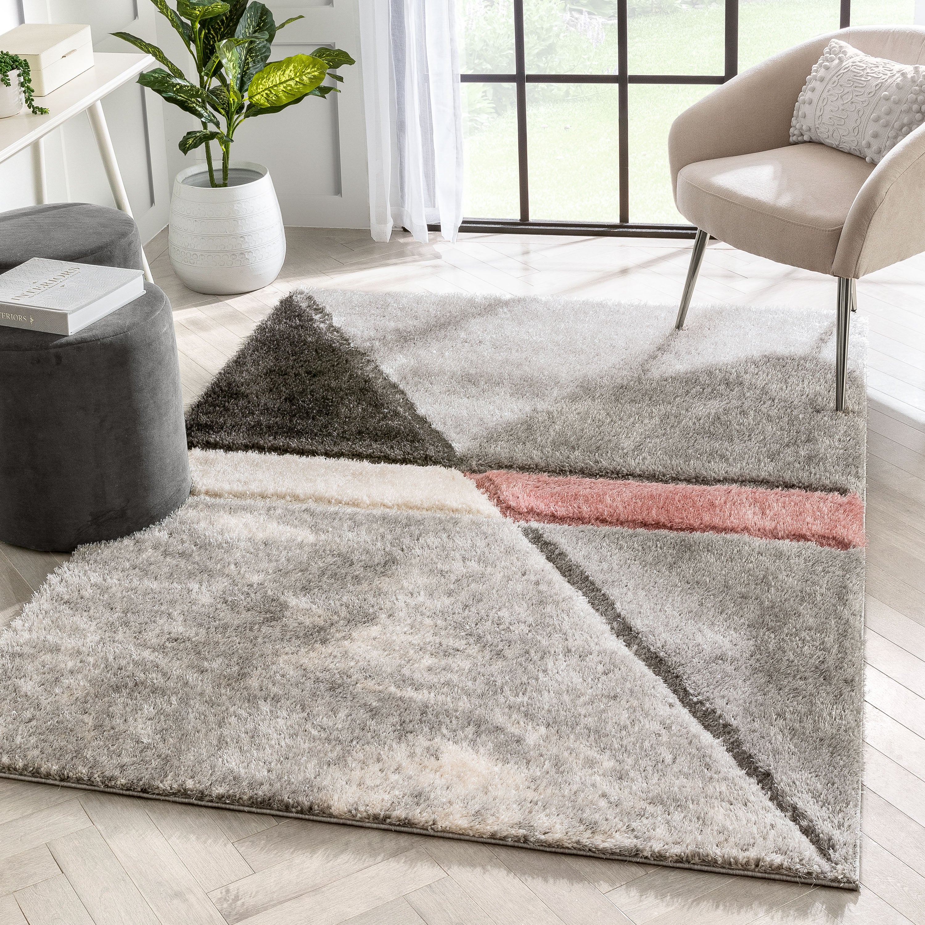 Mori Modern Abstract Geometric 3D Textured Shag Pink Grey Rug