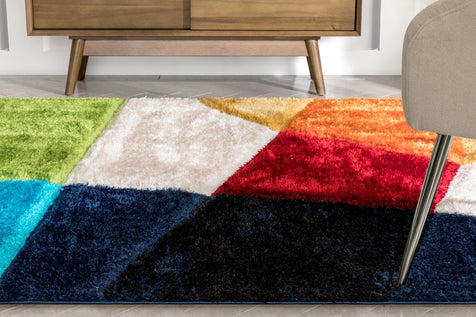 Remi Contemporary Geometric Boxes 3D Textured Shag Multi Rainbow Rug