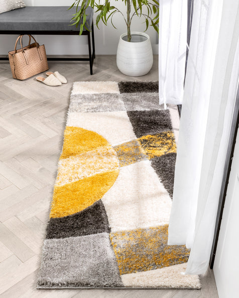 Remi Contemporary Geometric Boxes 3D Textured Shag Yellow Grey Rug