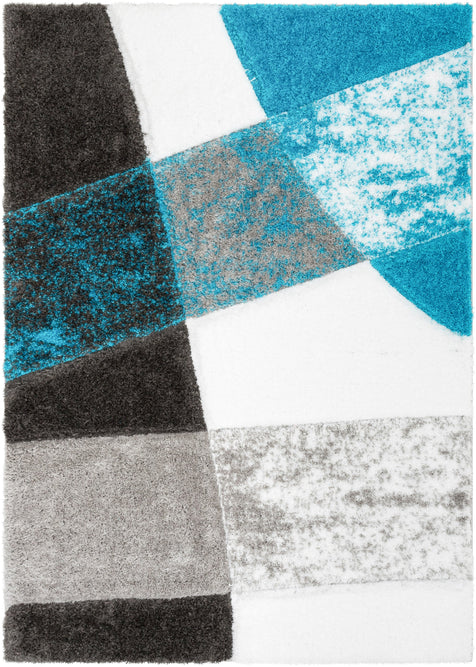 Remi Contemporary Geometric Boxes 3D Textured Shag Teal Grey Rug