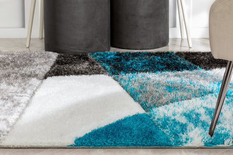 Remi Contemporary Geometric Boxes 3D Textured Shag Teal Grey Rug