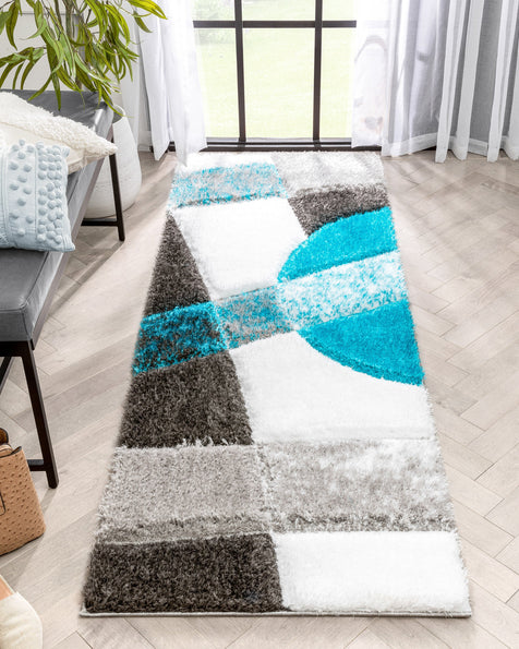 Remi Contemporary Geometric Boxes 3D Textured Shag Teal Grey Rug