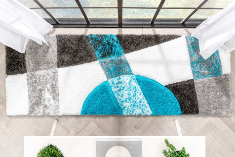 Remi Contemporary Geometric Boxes 3D Textured Shag Teal Grey Rug