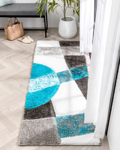 Remi Contemporary Geometric Boxes 3D Textured Shag Teal Grey Rug
