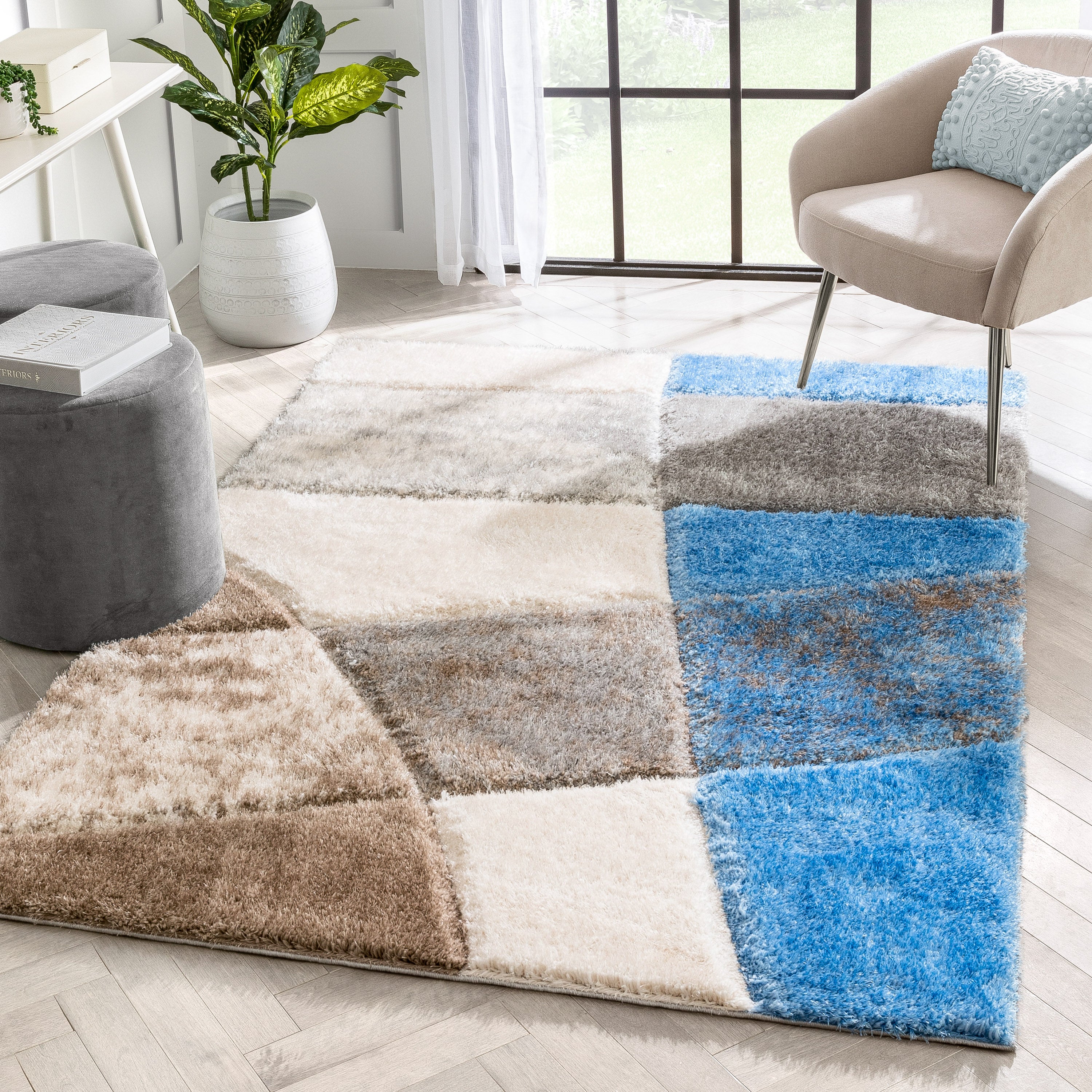 Remi Contemporary Geometric Boxes 3D Textured Shag Grey  Light Blue Rug