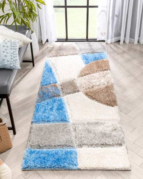 Remi Contemporary Geometric Boxes 3D Textured Shag Grey  Light Blue Rug