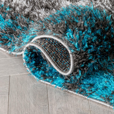 Kenzo Retro Geometric Pattern 3D Textured Shag Teal Grey Rug