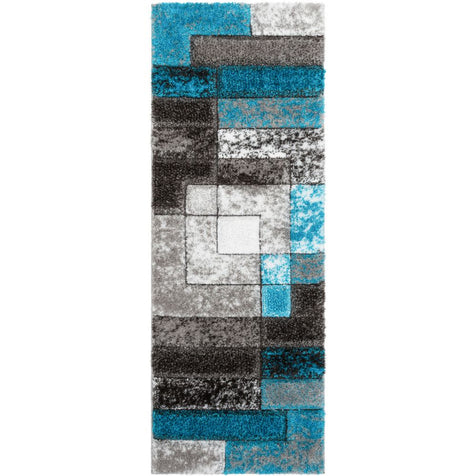 Kenzo Retro Geometric Pattern 3D Textured Shag Teal Grey Rug