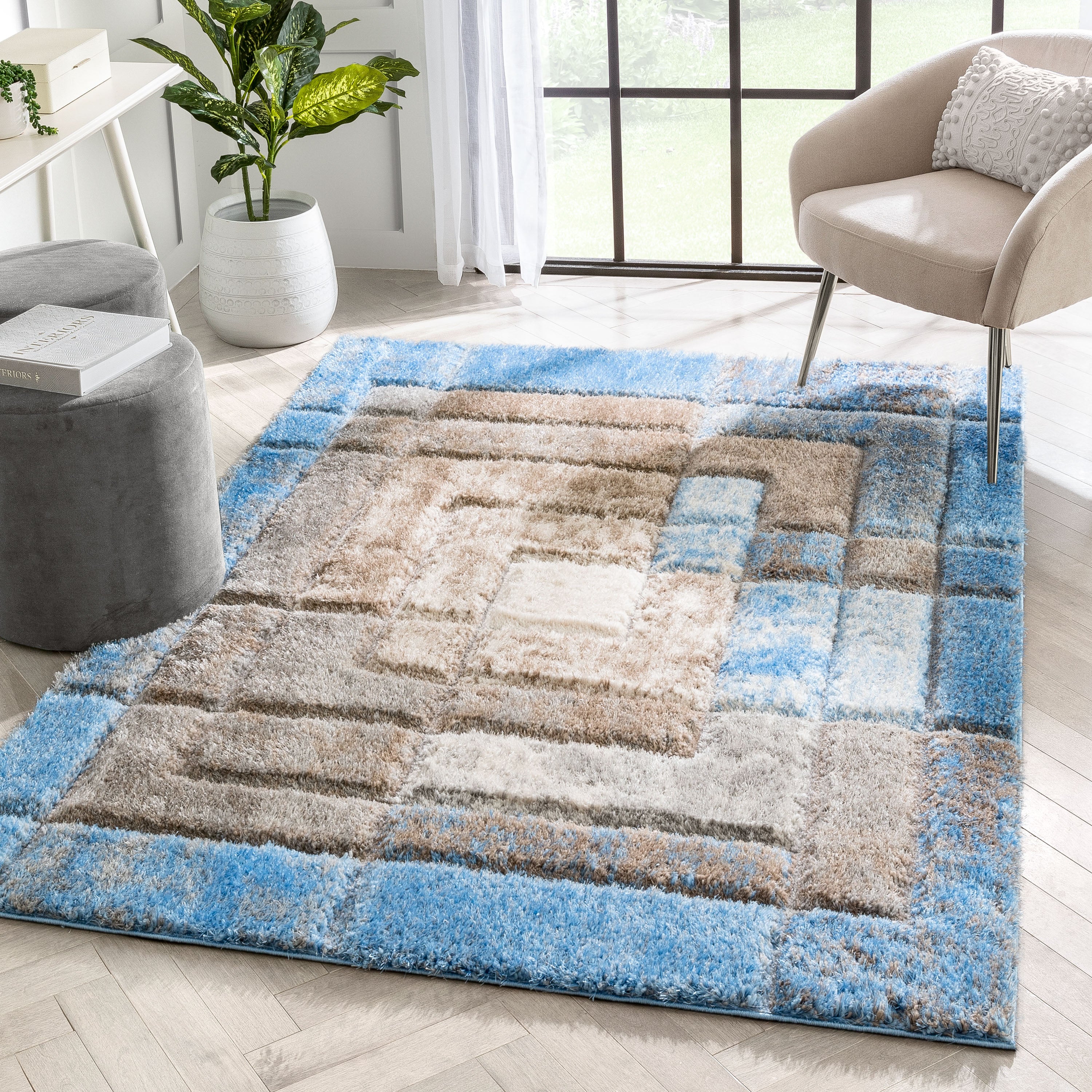 Kenzo Retro Geometric Pattern 3D Textured Shag Grey Light Blue Rug