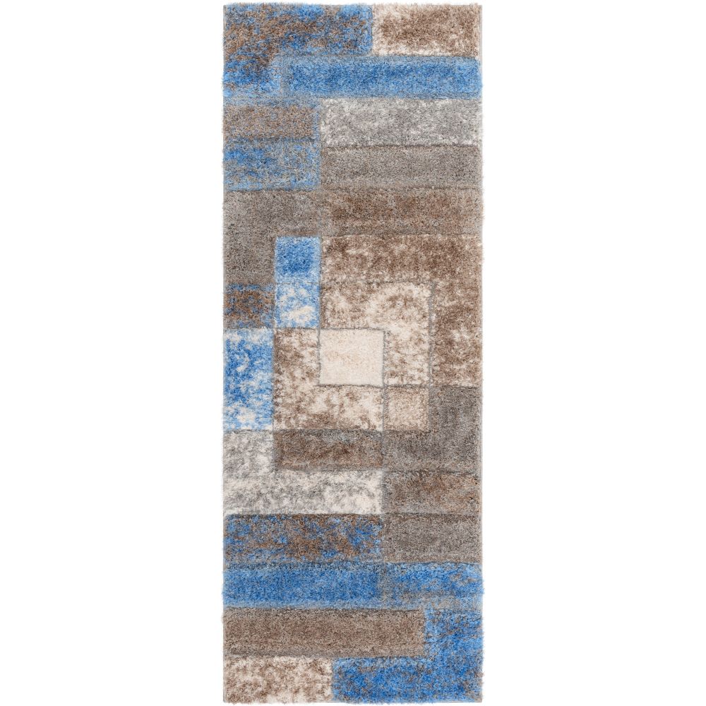 Kenzo Retro Geometric Pattern 3D Textured Shag Grey Light Blue Rug