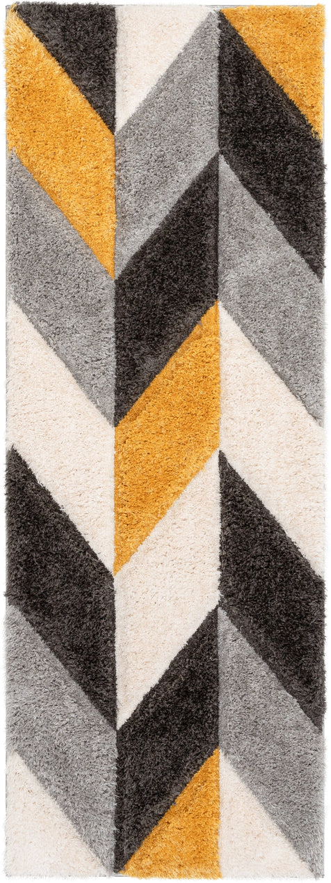Mika Retro Chevron 3D Textured Shag Yellow Grey Rug