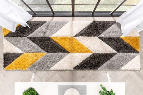 Mika Retro Chevron 3D Textured Shag Yellow Grey Rug