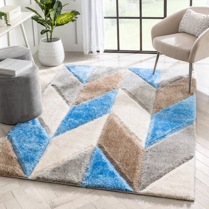 Mika Retro Chevron 3D Textured Shag Grey Light Blue Rug