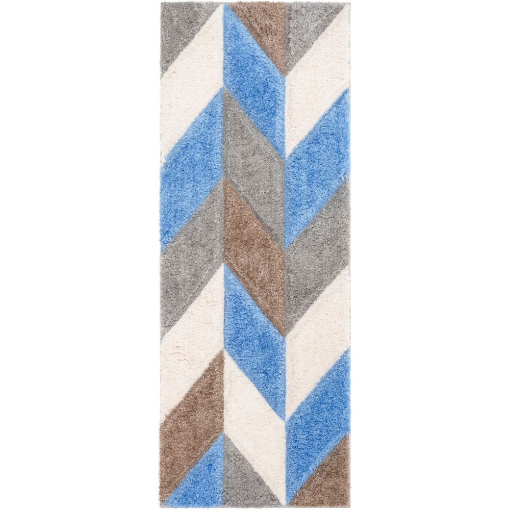 Mika Retro Chevron 3D Textured Shag Grey Light Blue Rug