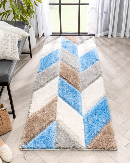 Mika Retro Chevron 3D Textured Shag Grey Light Blue Rug