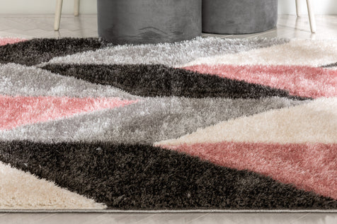 Mika Retro Chevron 3D Textured Shag Pink Grey Rug