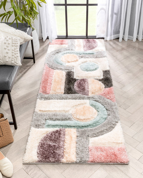 Remi Modern Geometric Stripes 3D Textured Shag Grey Purple Rug