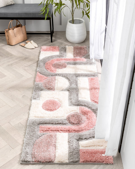 Remi Modern Geometric Stripes 3D Textured Shag Blush Gold Rug