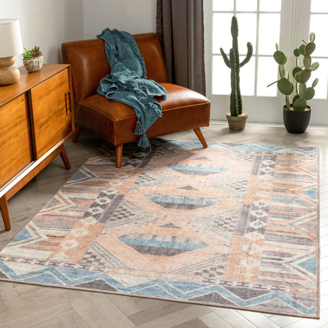 Boron Machine Washable Vintage Gabbeh Geometric Pattern Blush Pink Flat-Weave Distressed Rug
