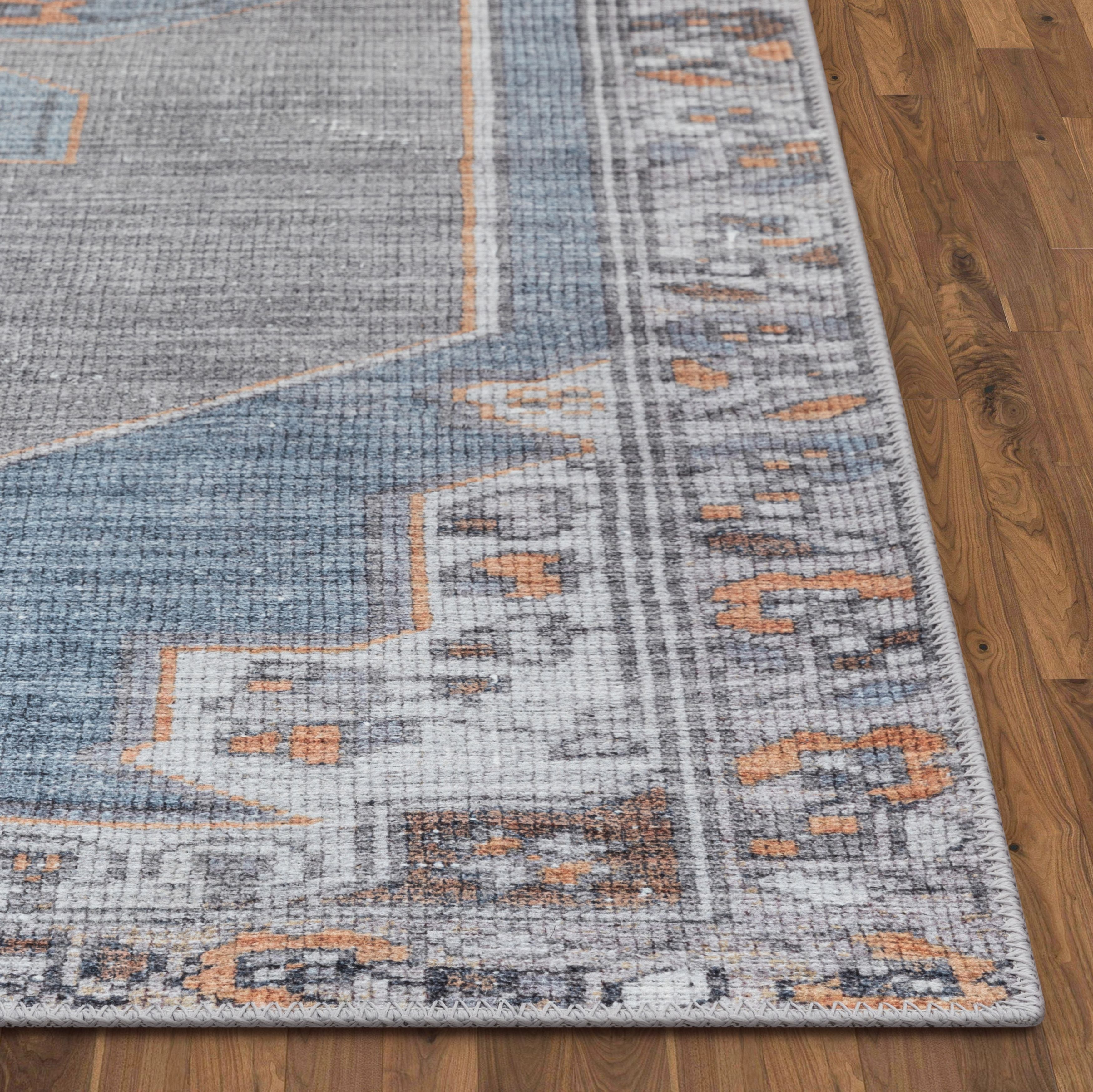 Cambria Machine Washable Vintage Medallion Oriental Light Blue Flat-Weave Distressed 5'3" x 7'3" Rug