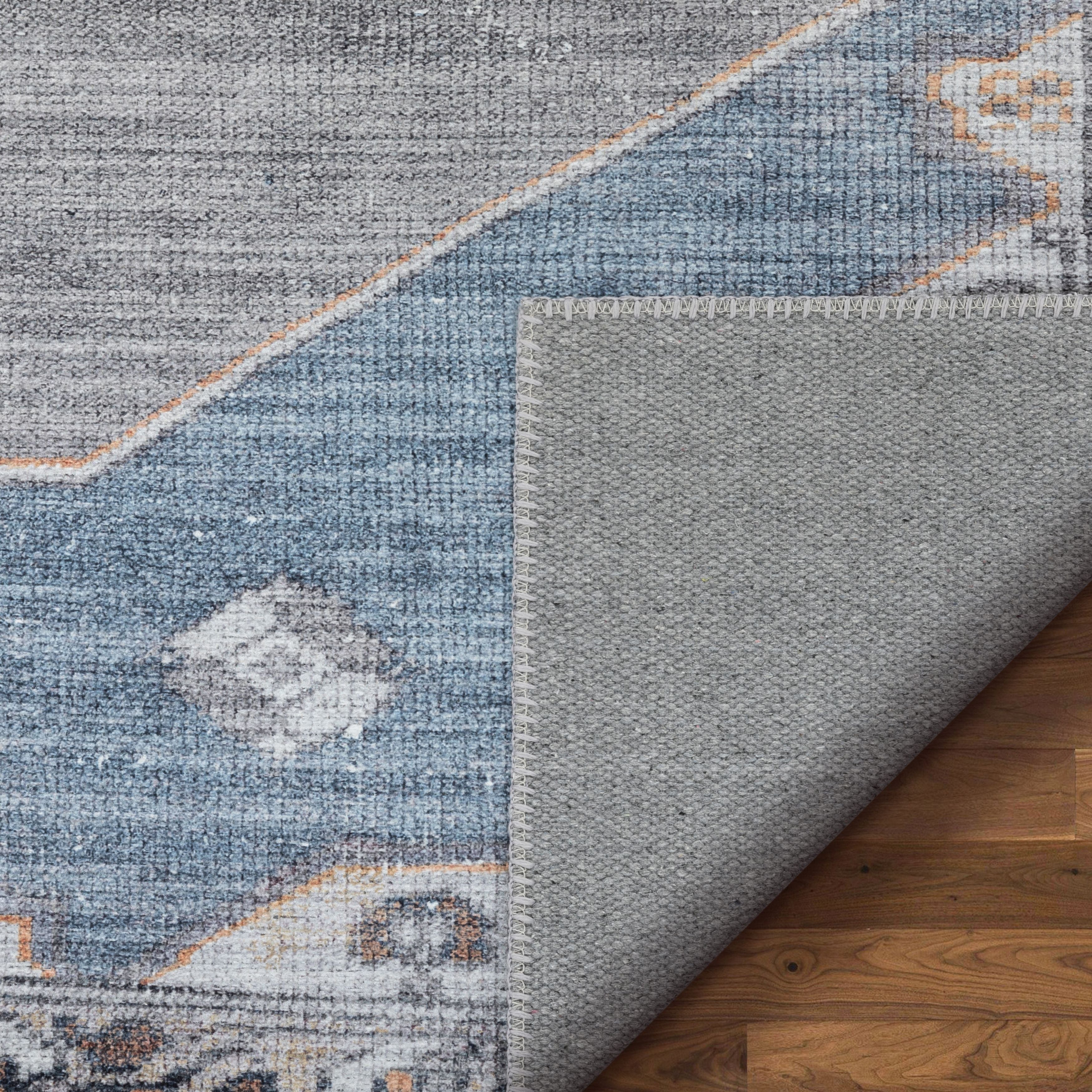 Cambria Machine Washable Vintage Medallion Oriental Light Blue Flat-Weave Distressed 5'3" x 7'3" Rug