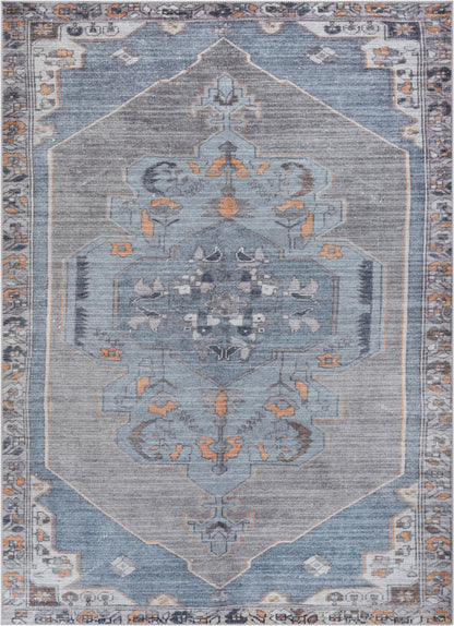 Cambria Machine Washable Vintage Medallion Oriental Light Blue Flat-Weave Distressed 5'3" x 7'3" Rug