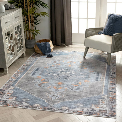 Cambria Machine Washable Vintage Medallion Oriental Light Blue Flat-Weave Distressed 5'3" x 7'3" Rug