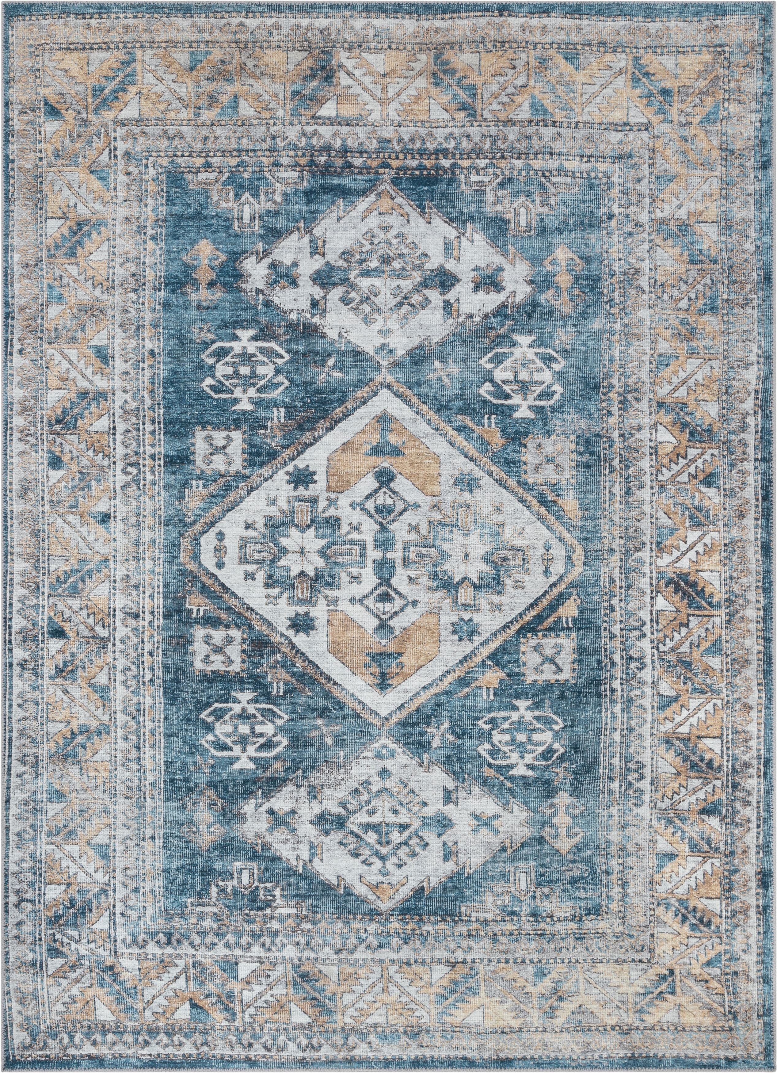 Habra Machine Washable Vintage Medallion Oriental Light Blue Flat-Weave Distressed Rug