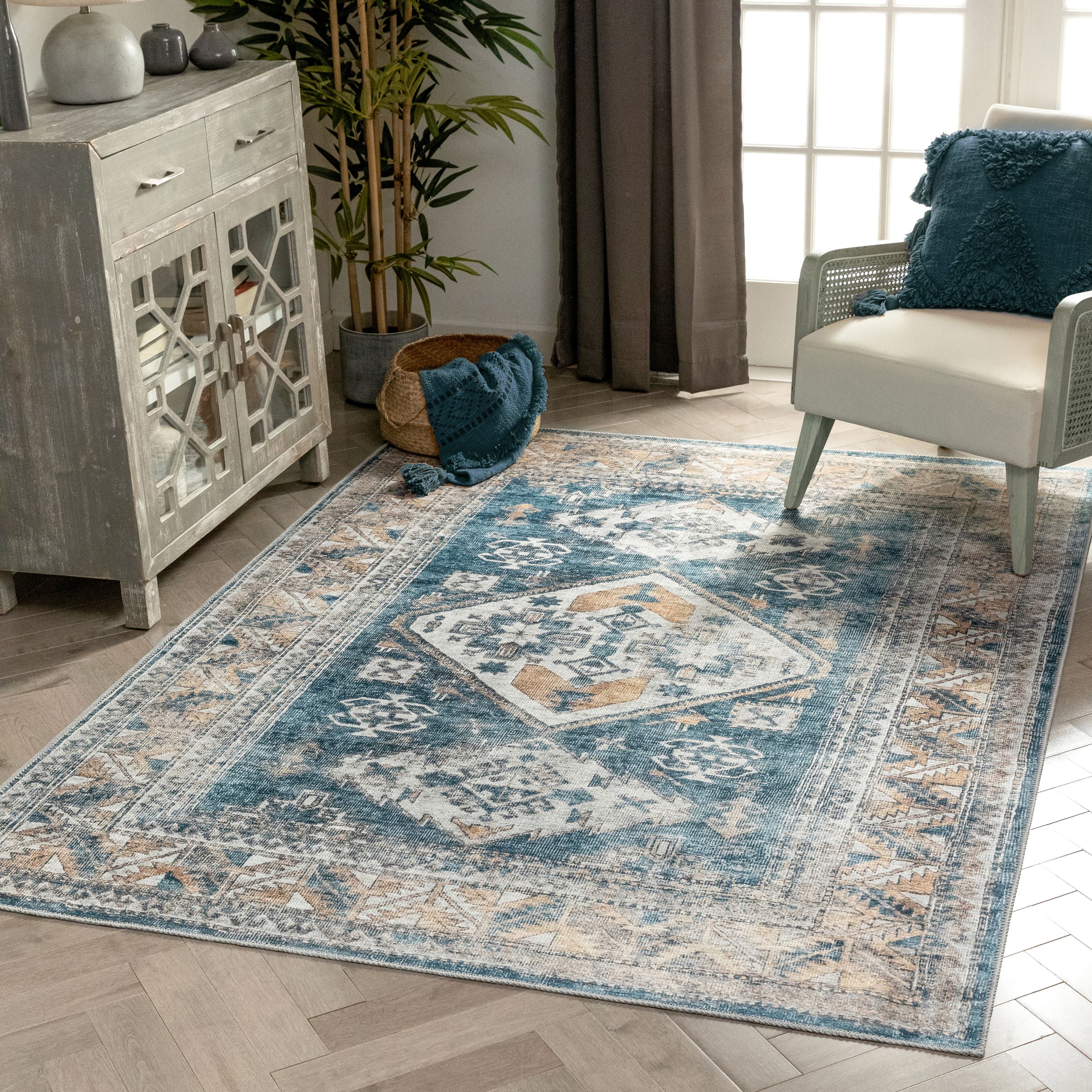 Habra Machine Washable Vintage Medallion Oriental Light Blue Flat-Weave Distressed Rug