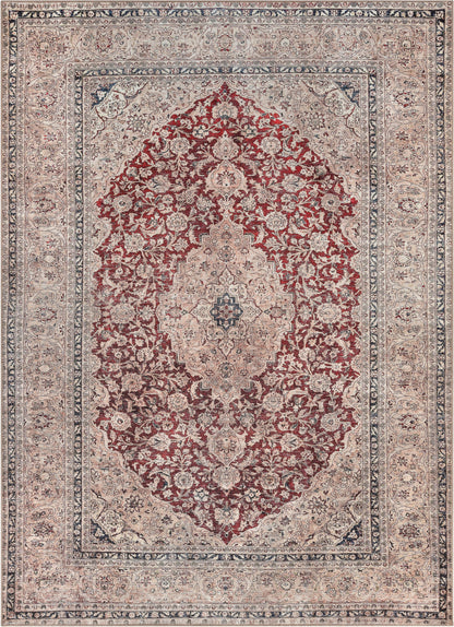 Tonti Machine Washable Vintage Medallion Oriental Red Flat-Weave Distressed Rug