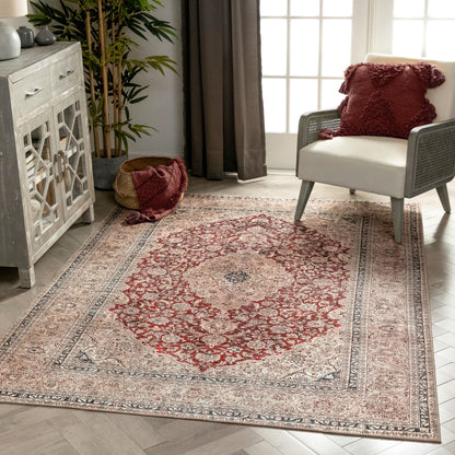 Tonti Machine Washable Vintage Medallion Oriental Red Flat-Weave Distressed Rug