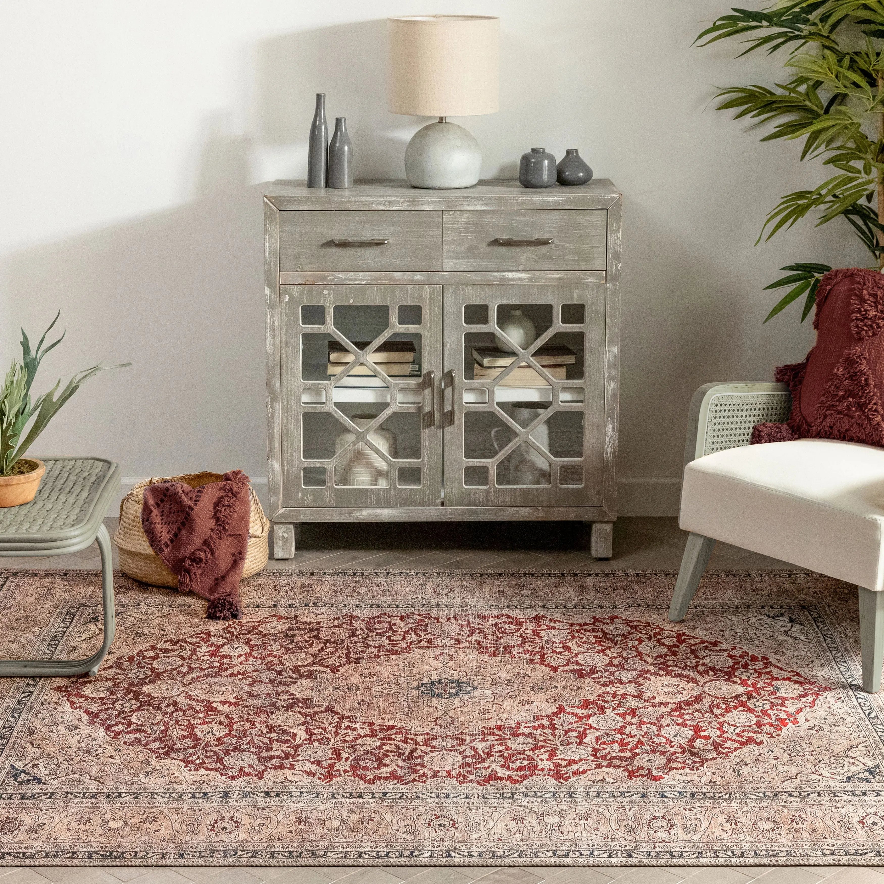 Tonti Machine Washable Vintage Medallion Oriental Red Flat-Weave Distressed Rug Well Woven