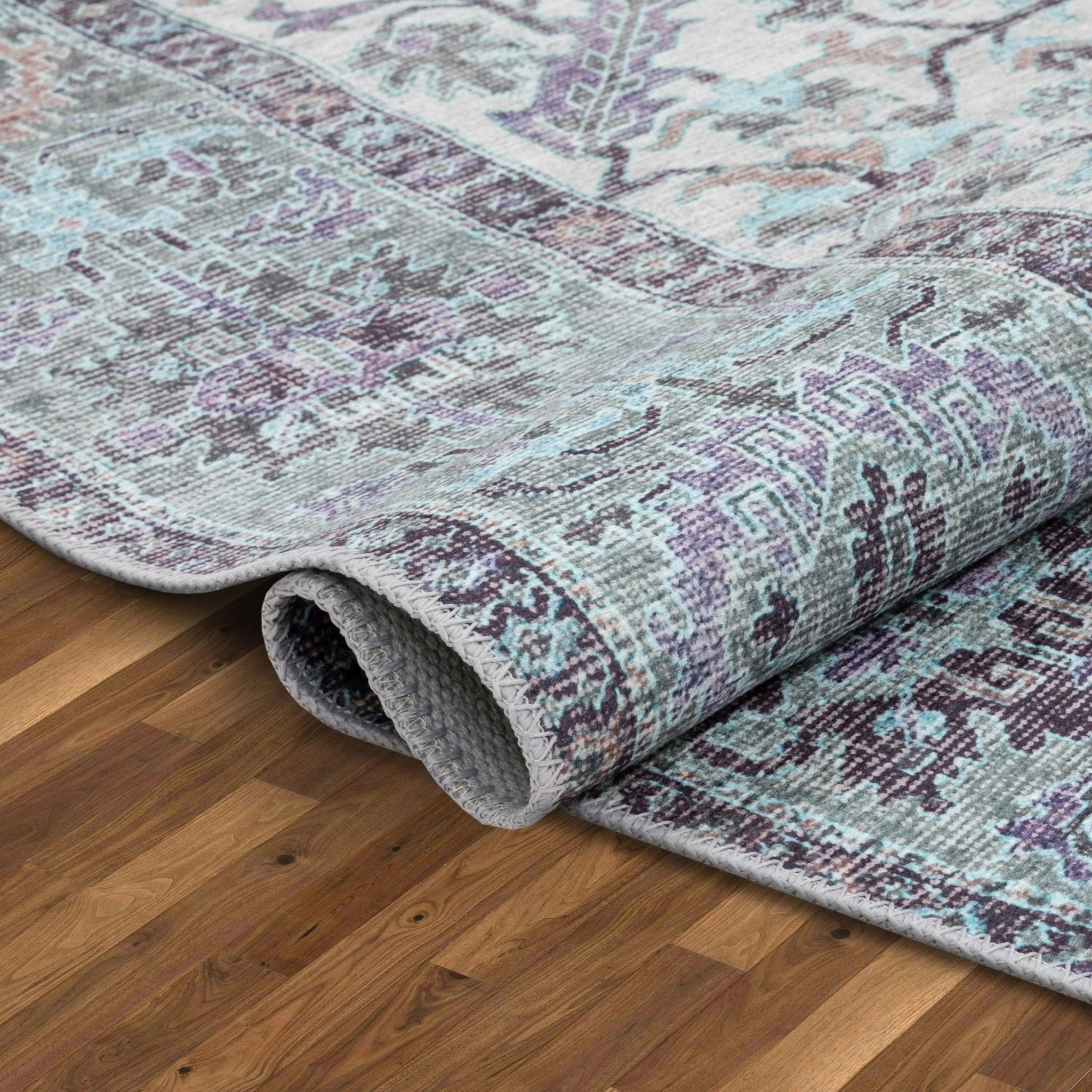 Macon Machine Washable Vintage  Medallion Botanical Border Beige Flat-Weave Distressed 5'3" x 7'3" Rug Well Woven