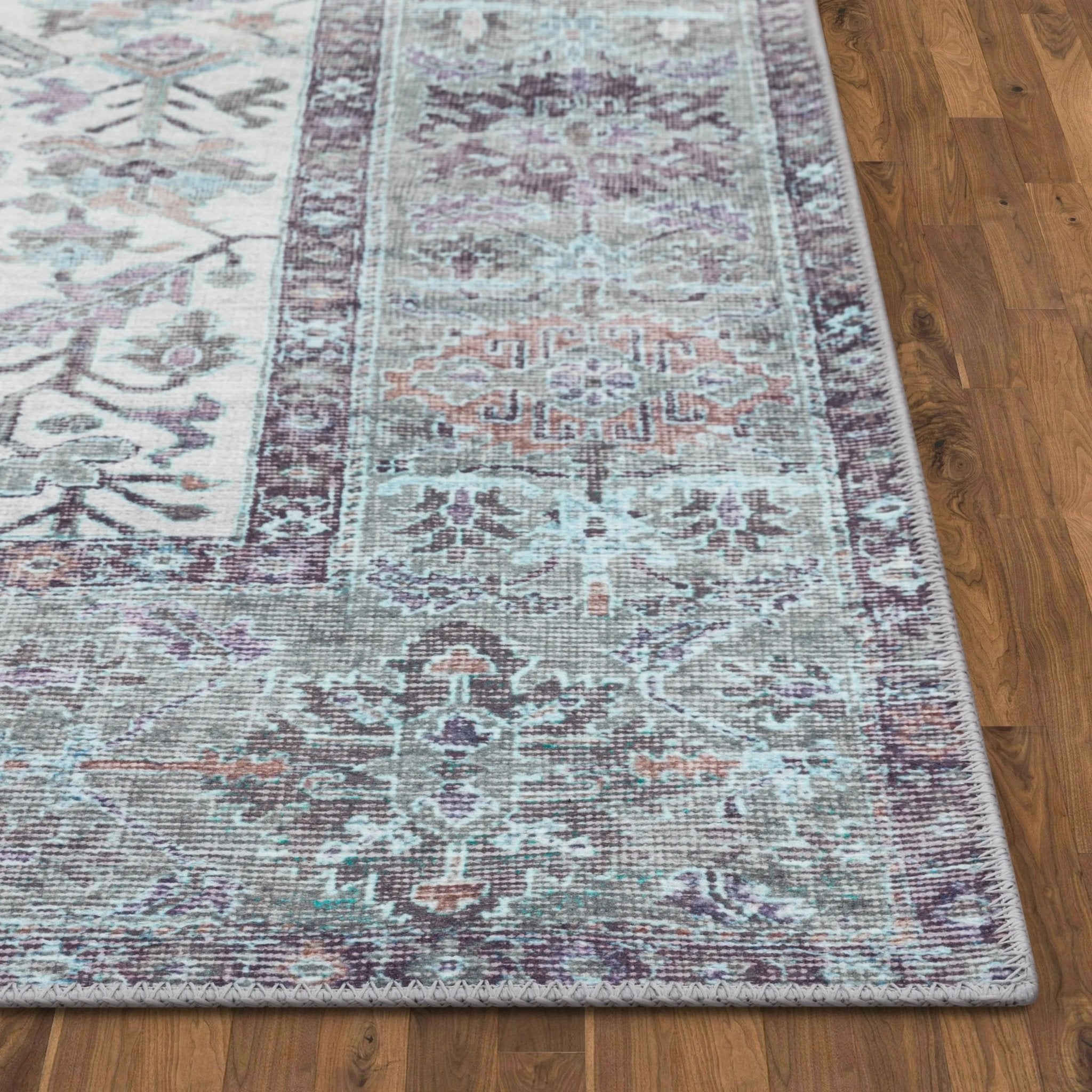 Macon Machine Washable Vintage  Medallion Botanical Border Beige Flat-Weave Distressed 5'3" x 7'3" Rug Well Woven
