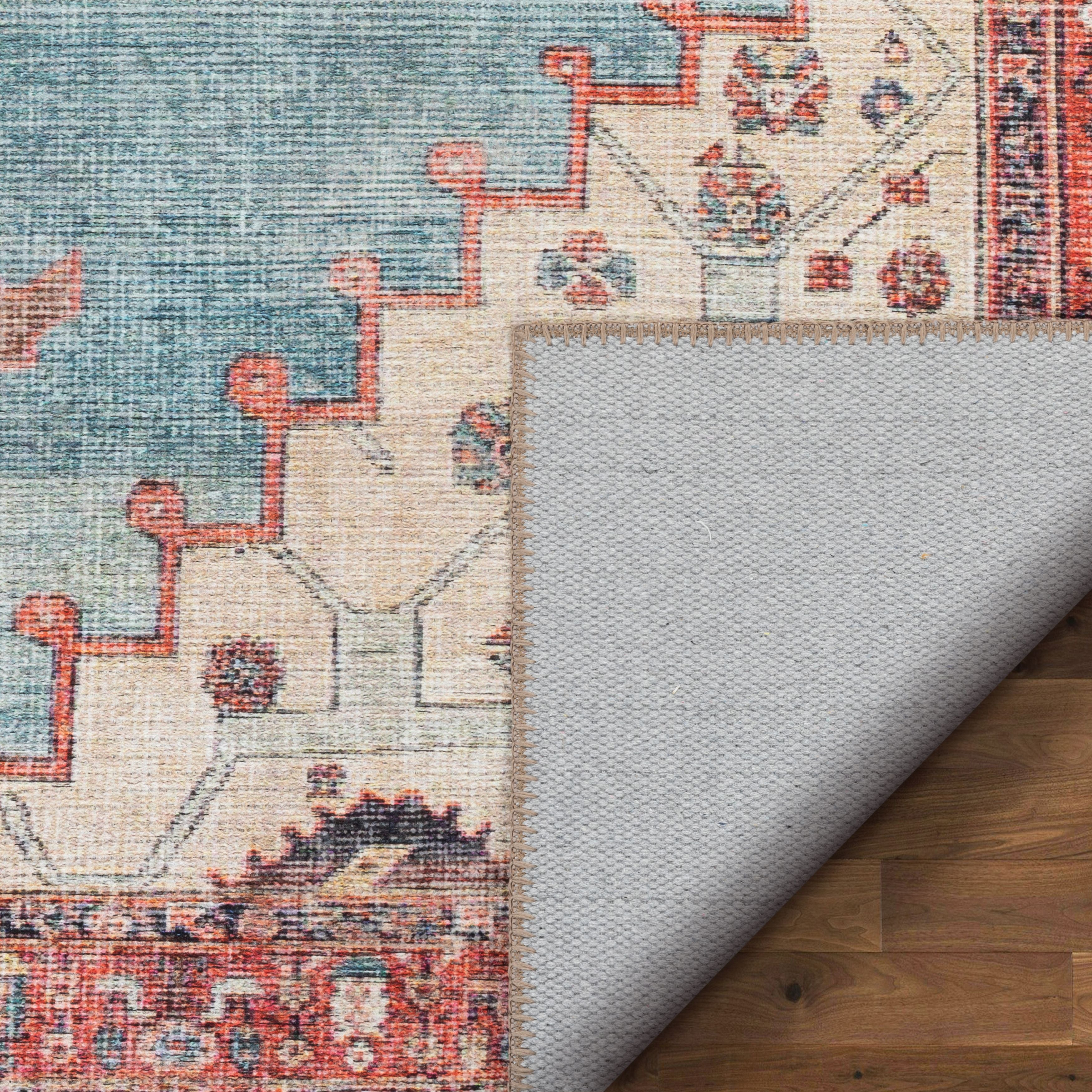 Towne Machine Washable Vintage Medallion Persian Terra Blue Flat-Weave Distressed Rug