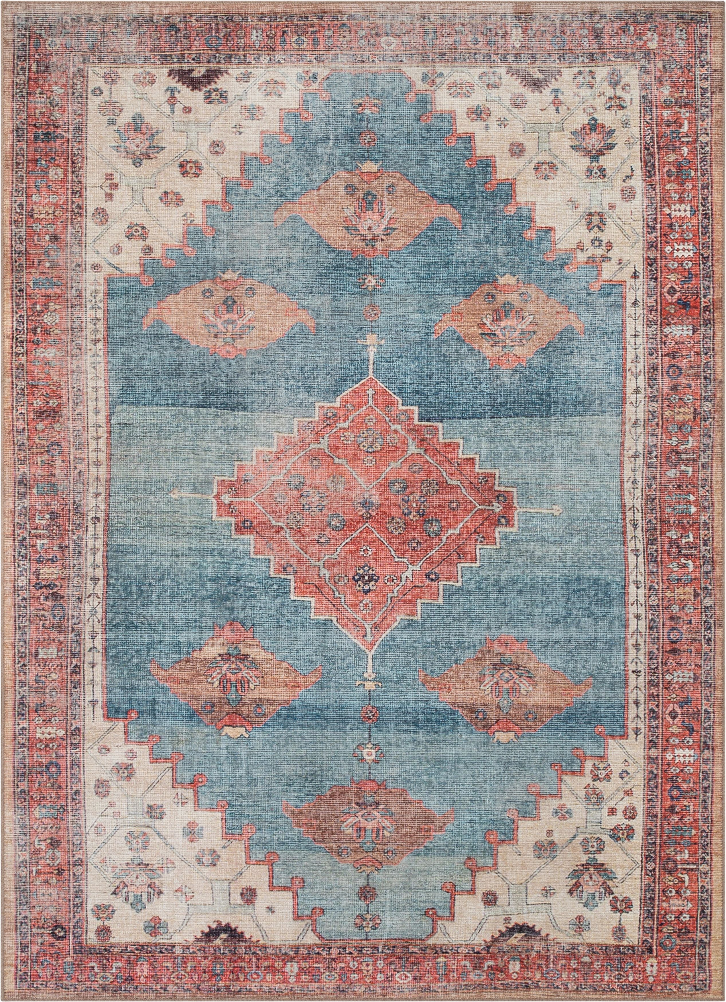 Towne Machine Washable Vintage Medallion Persian Terra Blue Flat-Weave Distressed Rug