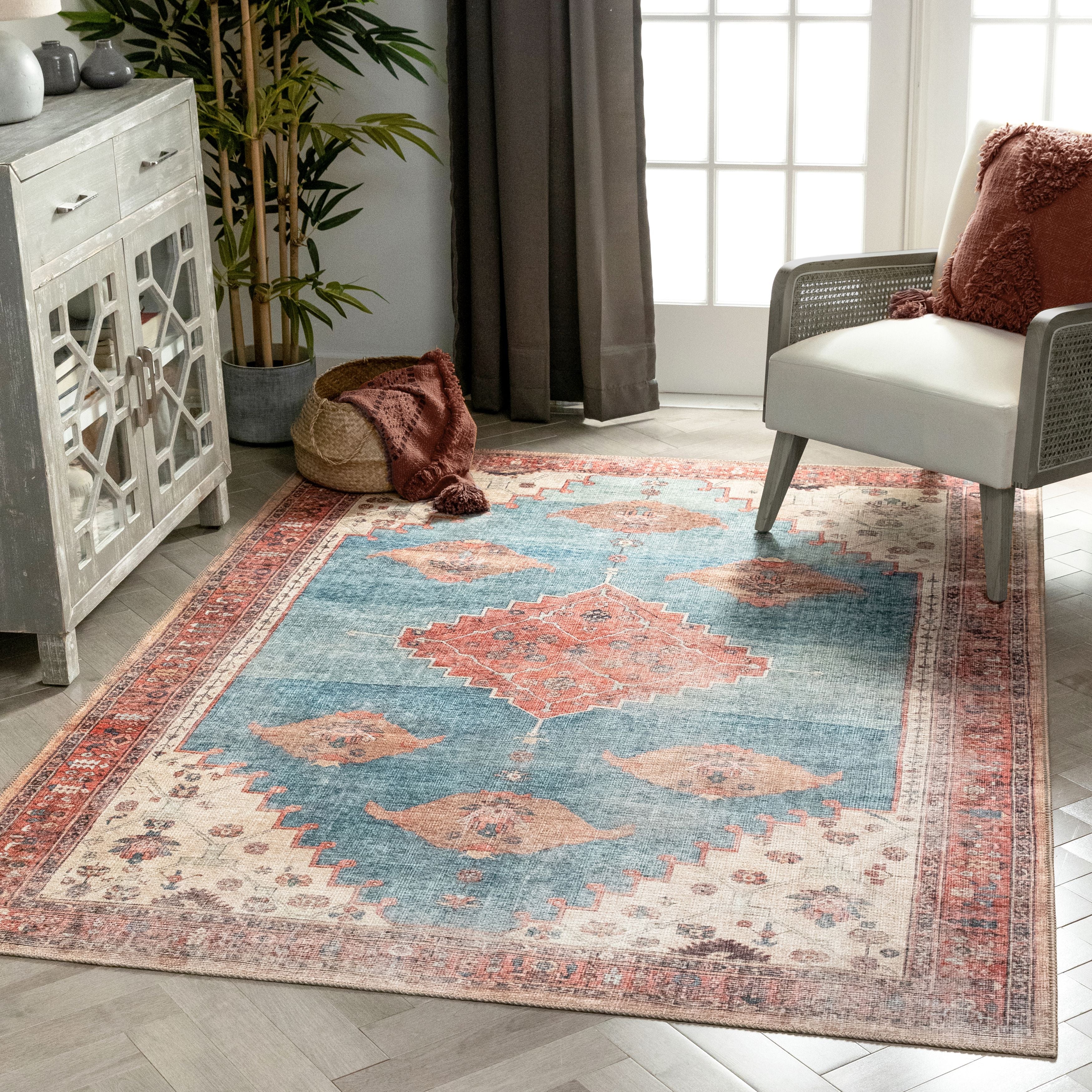 Towne Machine Washable Vintage Medallion Persian Terra Blue Flat-Weave Distressed Rug