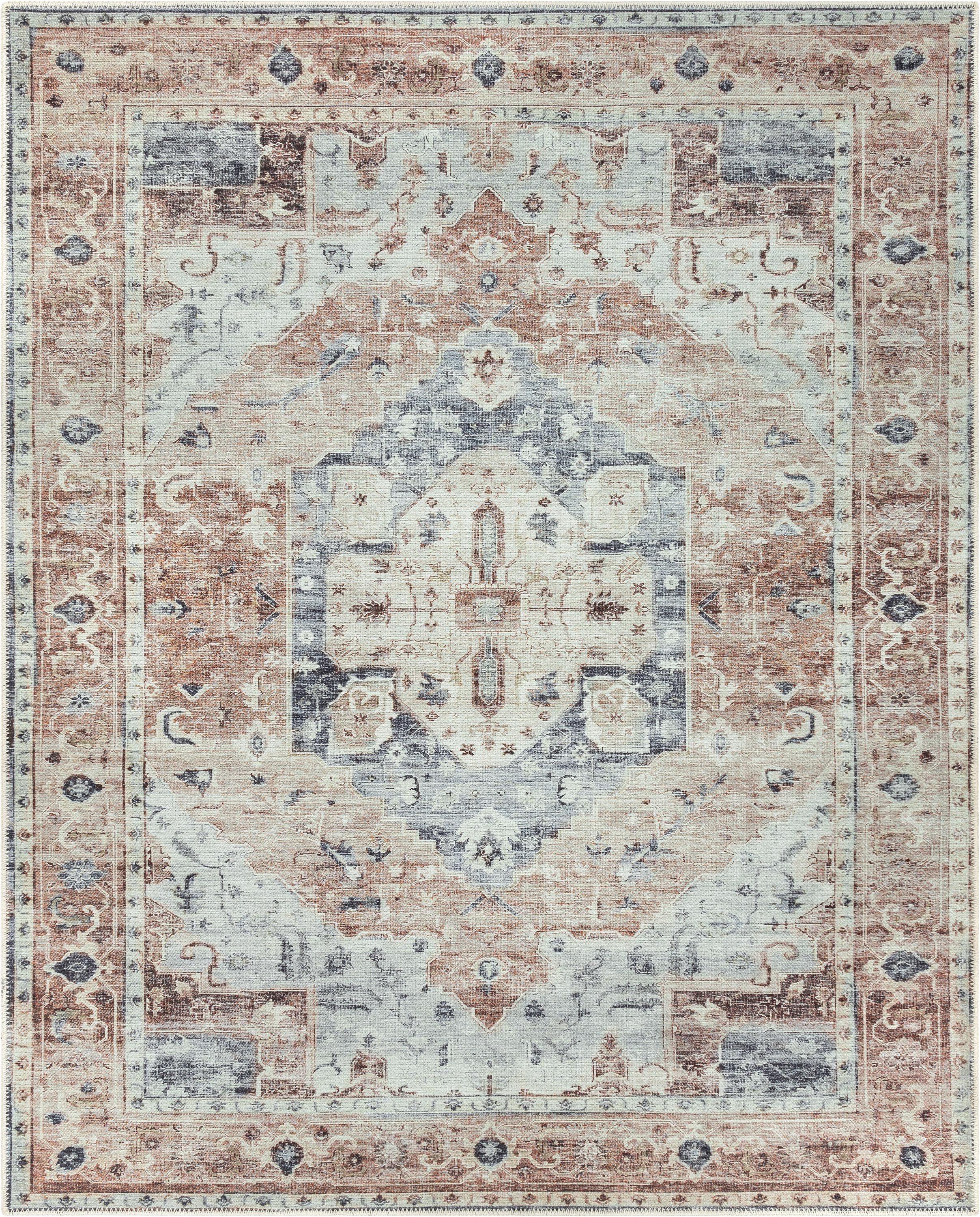 Binita Machine Washable Vintage Medallion Oriental Ivory Rust Flat-Weave Rug