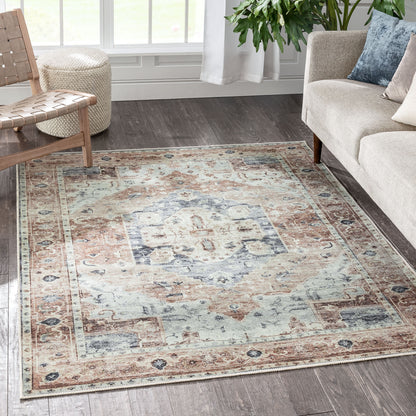 Binita Machine Washable Vintage Medallion Oriental Ivory Rust Flat-Weave Rug