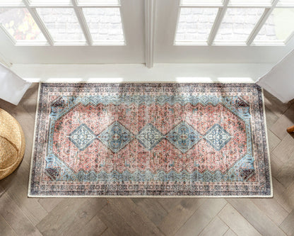 Menda Machine Washable Vintage Bohemian Meallion Oriental Light Blue Flat-Weave Distressed Rug