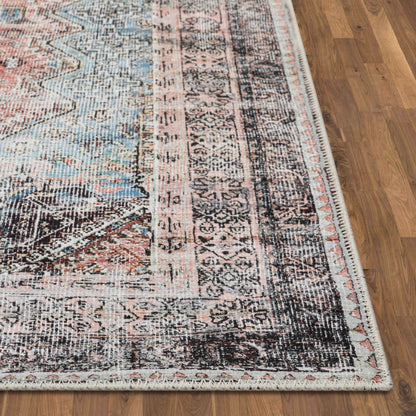 Menda Machine Washable Vintage Bohemian Meallion Oriental Light Blue Flat-Weave Distressed Rug