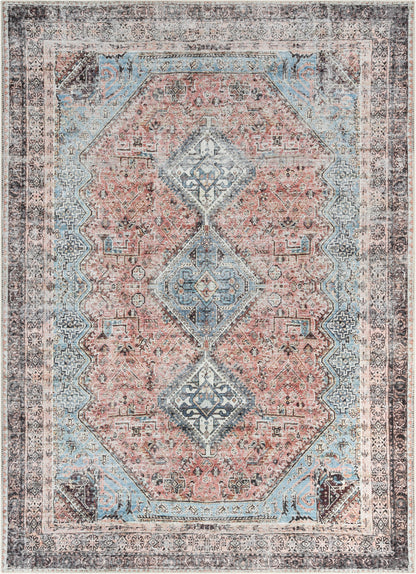 Menda Machine Washable Vintage Bohemian Meallion Oriental Light Blue Flat-Weave Distressed Rug