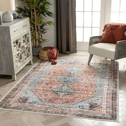 Menda Machine Washable Vintage Bohemian Meallion Oriental Light Blue Flat-Weave Distressed Rug