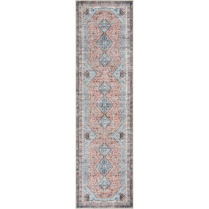 Menda Machine Washable Vintage Bohemian Meallion Oriental Light Blue Flat-Weave Distressed Rug