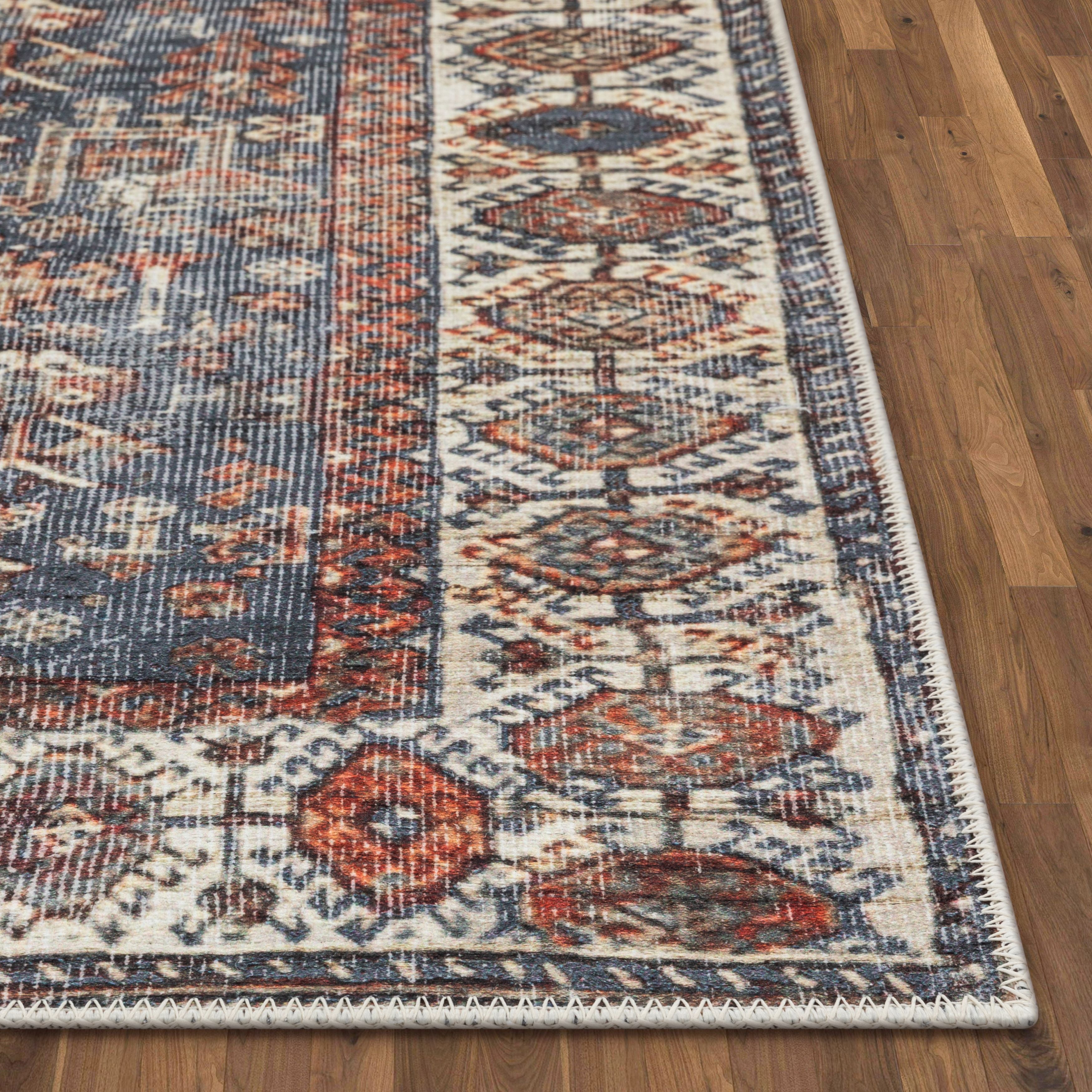 Ripon Machine Washable Vintage Medallion Botanical Border Blue Red Flat-Weave Distressed Rug