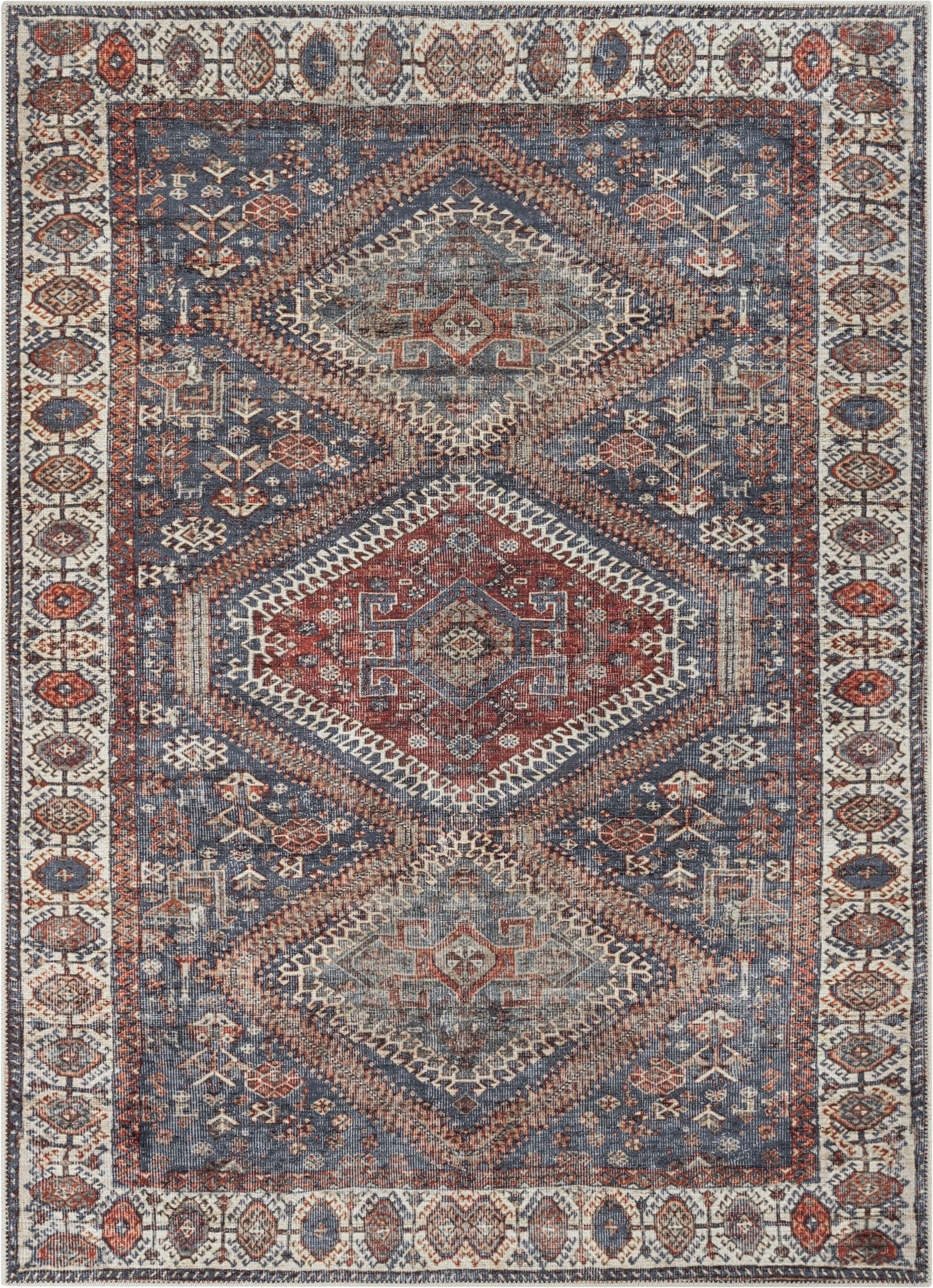 Ripon Machine Washable Vintage Medallion Botanical Border Blue Red Flat-Weave Distressed Rug