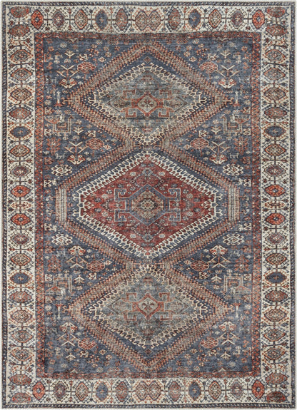 Ripon Machine Washable Vintage Medallion Botanical Border Blue Red Flat-Weave Distressed Rug