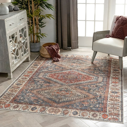 Ripon Machine Washable Vintage Medallion Botanical Border Blue Red Flat-Weave Distressed Rug